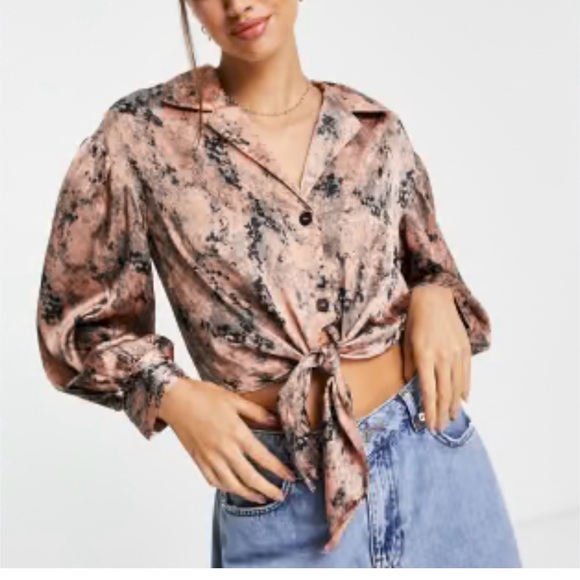 River Island Pink and Brown Puffy Sleeves Tie Front Blouse‎ Satin-like Sz 44 - Picture 1 of 13